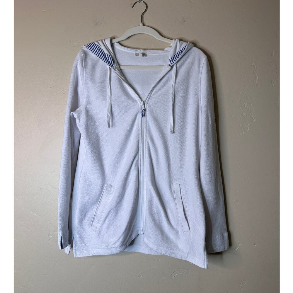 Talbots French Terry White Zip Up Hoodie with Blue and White Stripe Accent M